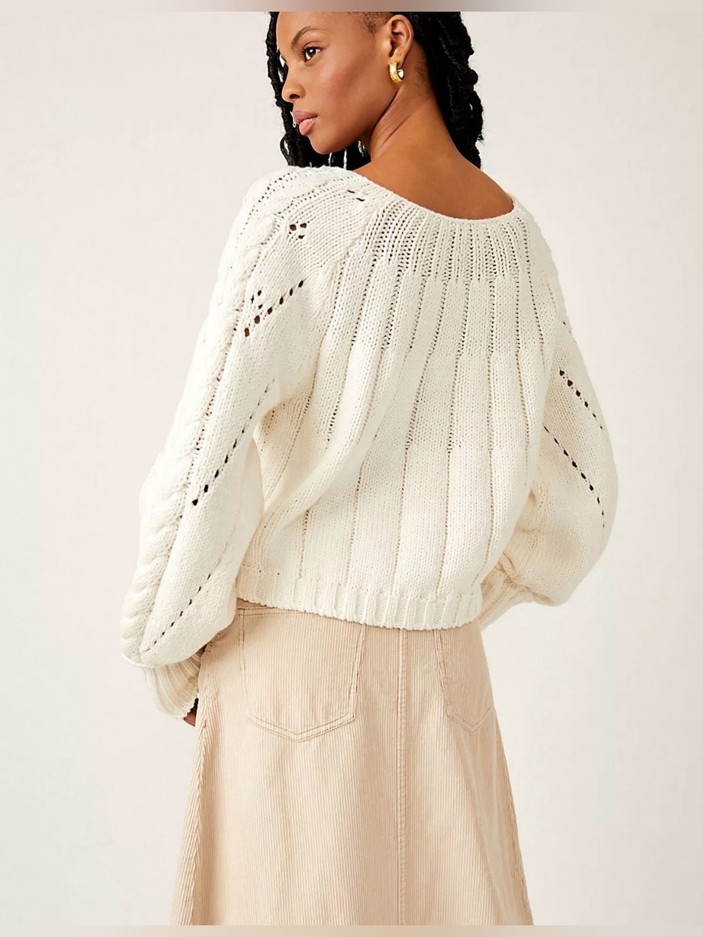 Free People Sandre Knit Pullover Sweater L Ivory Cable Knit Balloon Sleeve - Picture 2 of 7
